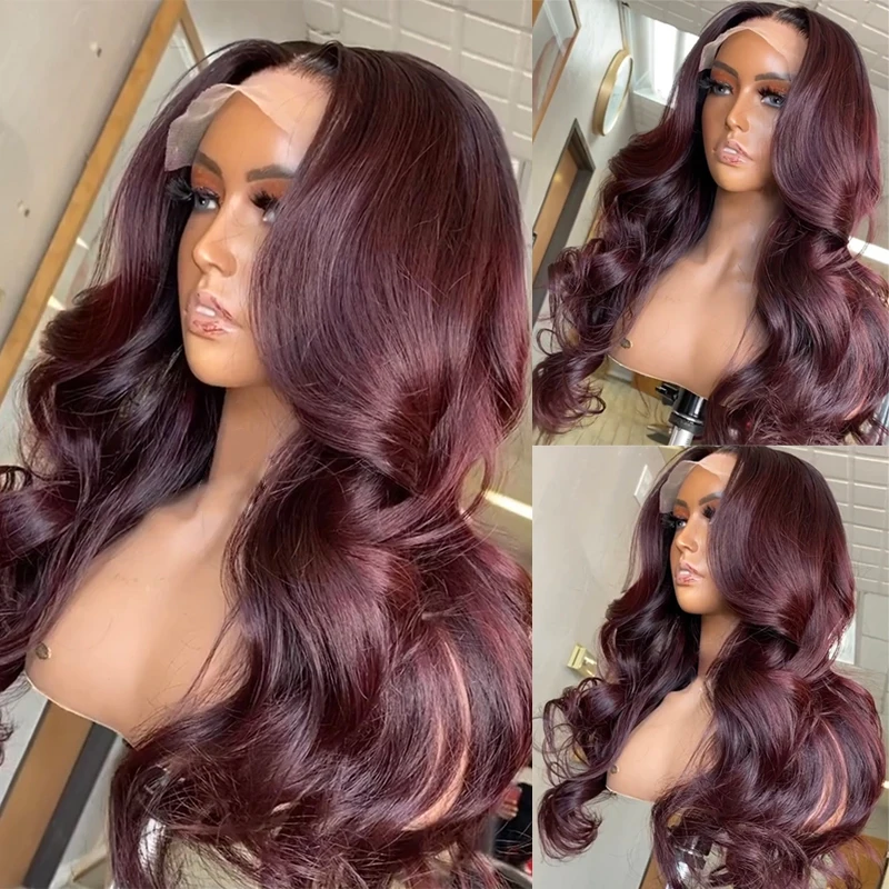 99J Lace Front Wig Burgundy Lace Front Human Hair Wig Wavy Closure Wig Dark Red Color T Part Lace Wig Pre Plucked Brazilian Remy