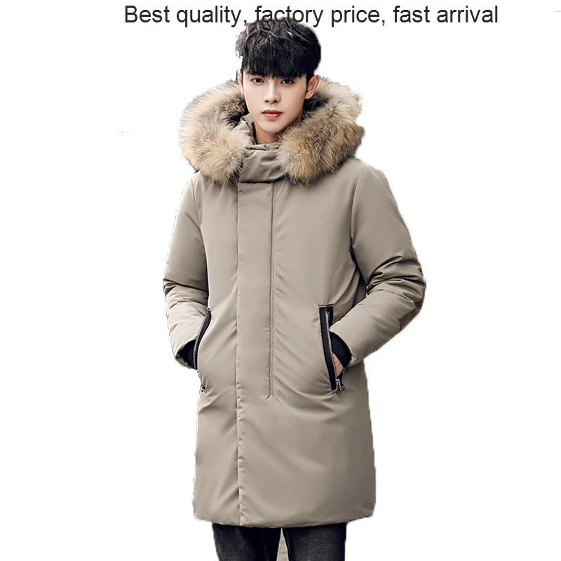 High quality luxury brand Mid Length White Solid Duck Down Stand Collar Warm Thick Men's Removable Hat Casual Parker Thickened J