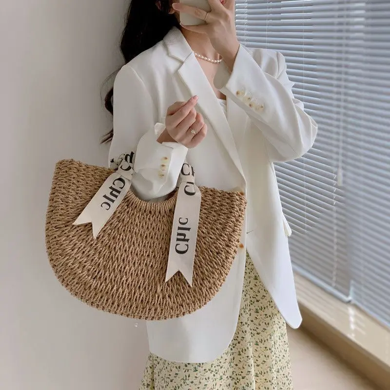 

Alphabet Silk Scarf Portable Straw Woven Bag Laizhou Paper Grass Woven Straw Woven Bag Outing Vacation Handbag Moon Bag