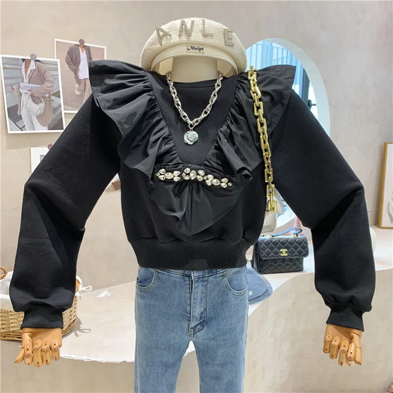 

Niche Design New Women's Clothing 2022 Spring Design Sense Ruffle Long Sleeve Pullover Sweater Short Top Sweatshirts