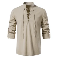 luclesam men cotton linen retro henley collar t shirt casual hemp long sleeve lace tees tops streetwear