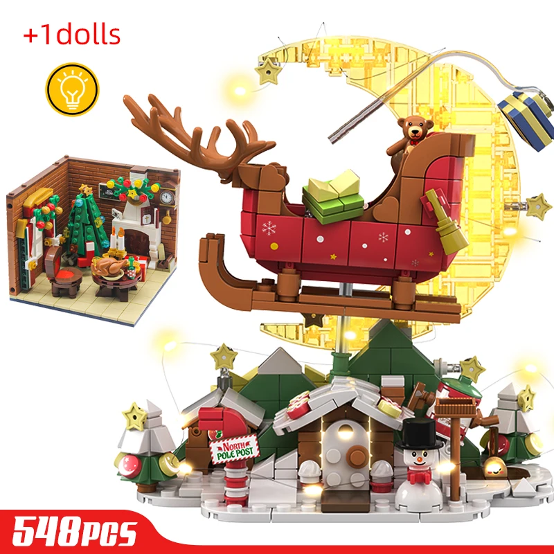 

Christmas House Santa Claus Elk Car Snowman Building Blocks DIY Assembled Toys Floating Snow Light Kids Decoration Gifts