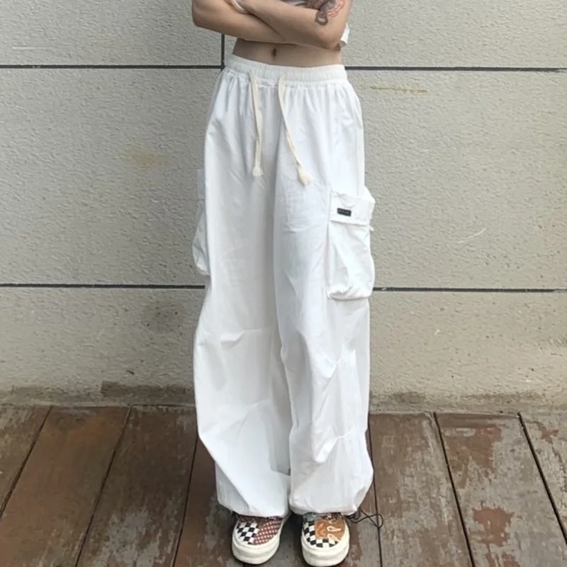 

Korean Style Streetwear White Cargo Pants Women Hippie Oversize Pockets Black Jogging Loose Wide Leg Trousers Wide Leg Pants