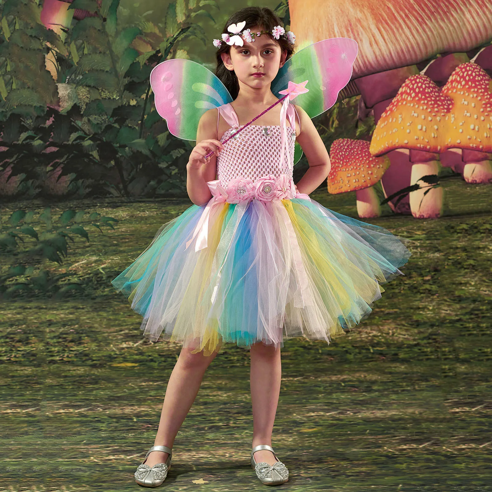 

Платье-пачка для девочек с бабочками и цветами, детское платье из блестящего тюля на Хэллоуин, бальное платье с крыльями, Детский костюм для косплея на день рождения