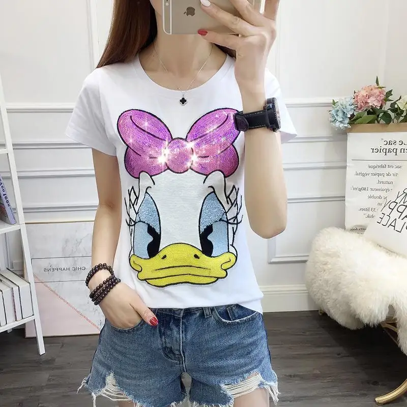 

Donald Duck Women Top Daisy Print Embroidery Sequins T-Shirts Disney Summer Tee Solid Color Casual Short Sleeve Ladies T-Shirt