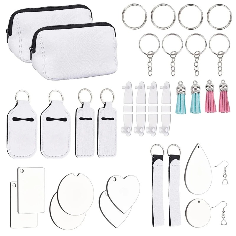 

38Pcs Blank Sublimation Products Heat Transfer Keychain Blank Earrings Coaster