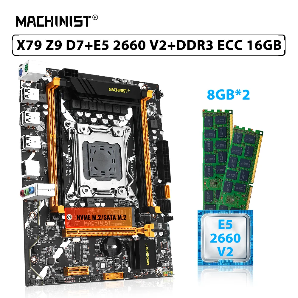 

MACHINIST X79 Z9 D7 Motherboard Set LGA 2011 Kit Xeon E5 2660 V2 Processor CPU 2pcs*8GB=16GB ECC DDR3 Memory RAM NVME M.2 SATA
