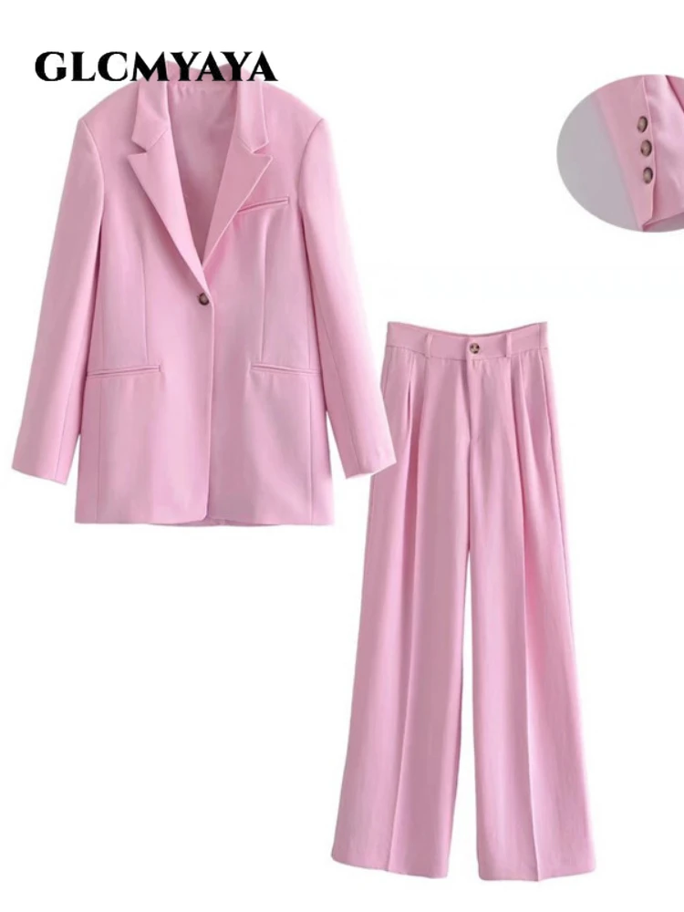 

GLCMYAYA Elegant Chic Women Pink Pants Suit and Long Sleeve Blazer Top Matching Two 2 Piece Set Office Lady Classic Outfits