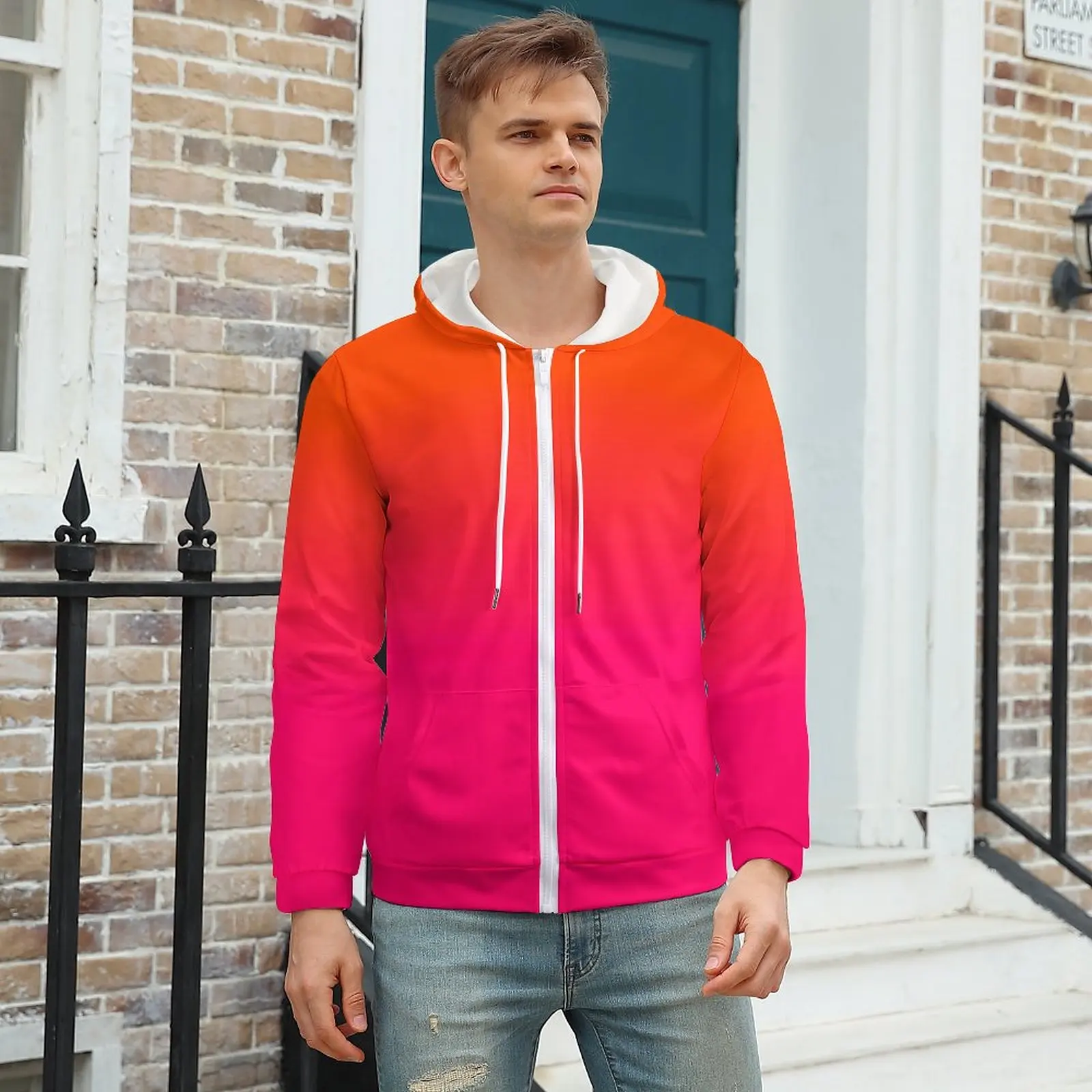 

Bright Ombre Print Zip Up Hoodies Neon Orange Pink Funny Hoodie Couple Long Sleeve Oversized Loose Graphic Casual Clothing
