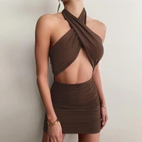 y2k style 2022 summer new womens halterneck backless fashion cutout sexy slim solid color wrapped hip party short dress women