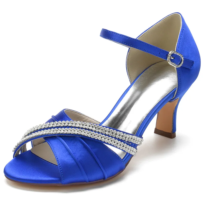 

Satin Beaded Mid Heel Wedding Sandals Open Toe Ankle Buckle Strap Women Heels For Prom Evening Formal Party Heeled Sandals