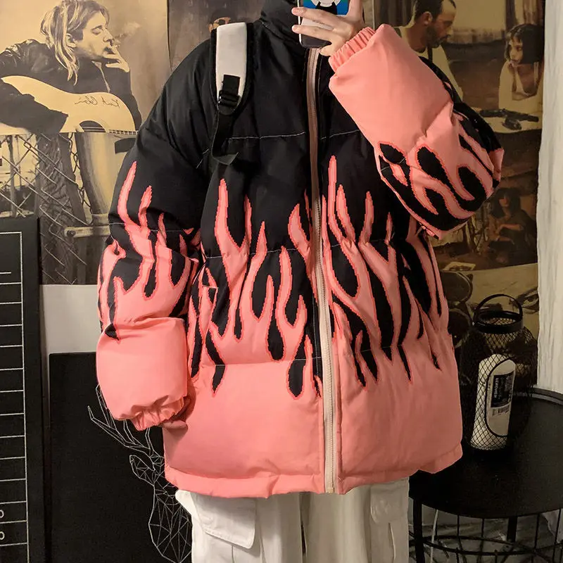 

Chaos Brand Flame Cotton Jacket Men Women American Thickened Cotton Jacket Coat Ins Autumn Winter Hip Hop Relaxed Top Bread Coat