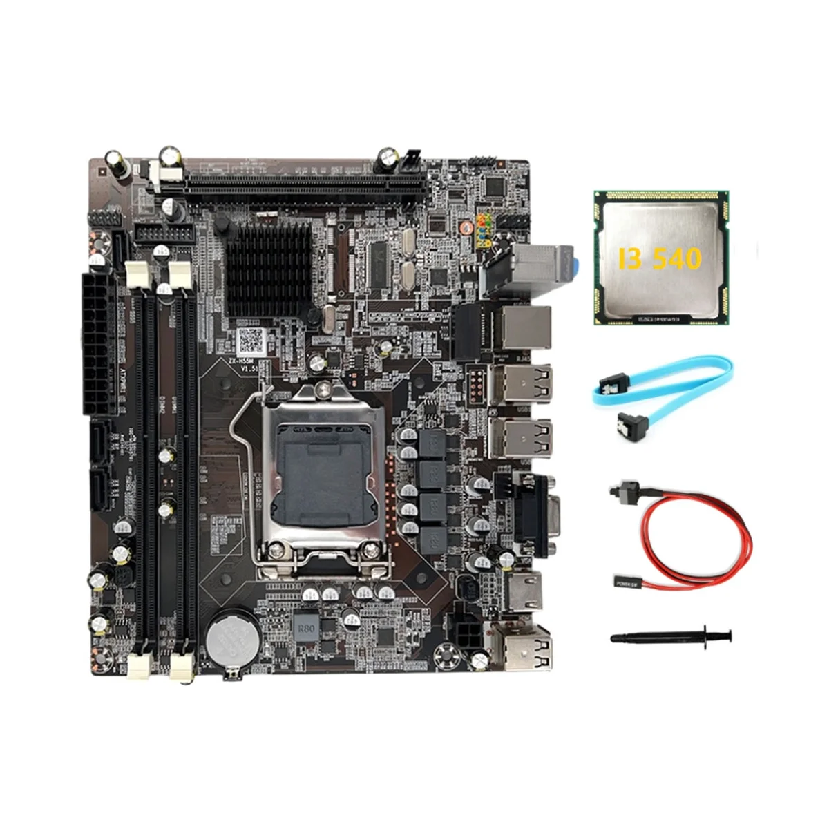 

H55 Motherboard LGA1156 Supports I3 530 I5 760 Series CPU DDR3 Memory +I3 540 CPU+SATA Cable+Switch Cable+Thermal Grease