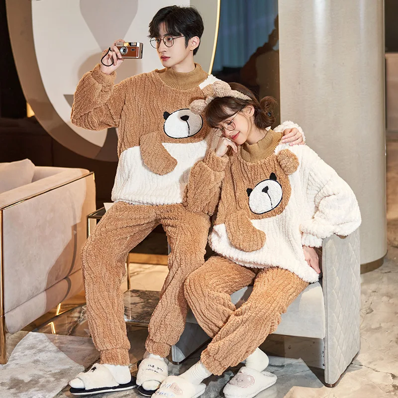 Couples Pajamas Sets Women Men Winter Thicken Sleepwear Pyjama Coral Fleece Korean Cartoon Bear Lovers Pijama Suits Soft Warm