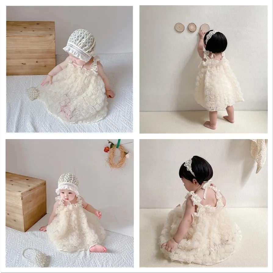

Korean Style New Summer Dress for Baby Girl Square Collar Sleeveless Beige 3D Flowers Camisole A-line Princess Dress
