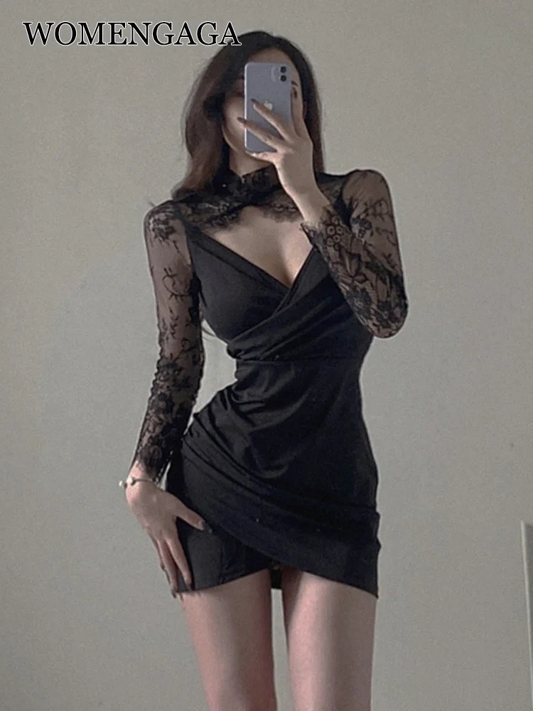 

Sweet Elegant V-neck Sexy Sexy Lace Splicing Mesh Irregular Hollow Out Long Sleeve Mini Dress Fairy Clothes Korean Tops 5N2Y