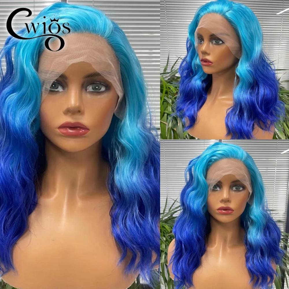 

Short Pixie Cut Blue Ombre Colored Transparent Synthetic 13X4 Lace Front Wigs Wave For Women Preplucked Drag Queen Party Daily