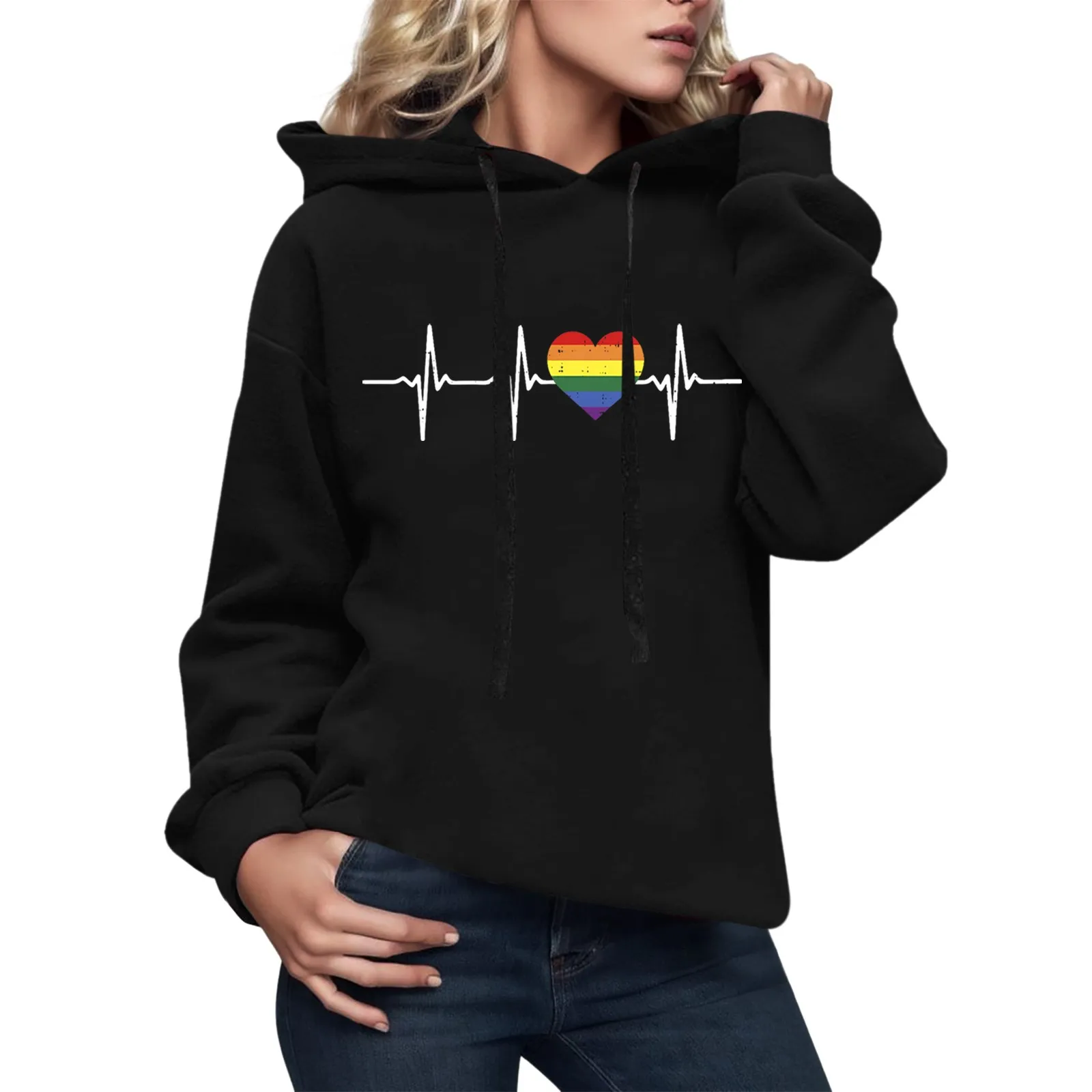 

Women'S Rainbow Love Graphic Hoodie Long Sleeve Loose Fit Sweatshirt Solid Color Hoodies Hoodless Pullover For Ladies Autumn
