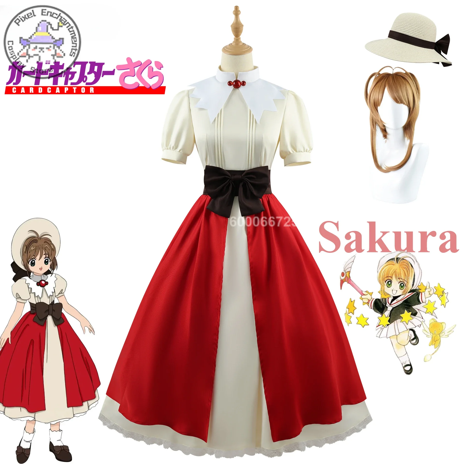 Аниме Cardcaptor Sakura Kinomoto Косплей Костюм Милый женский парик Лолиты Шляпа Большой