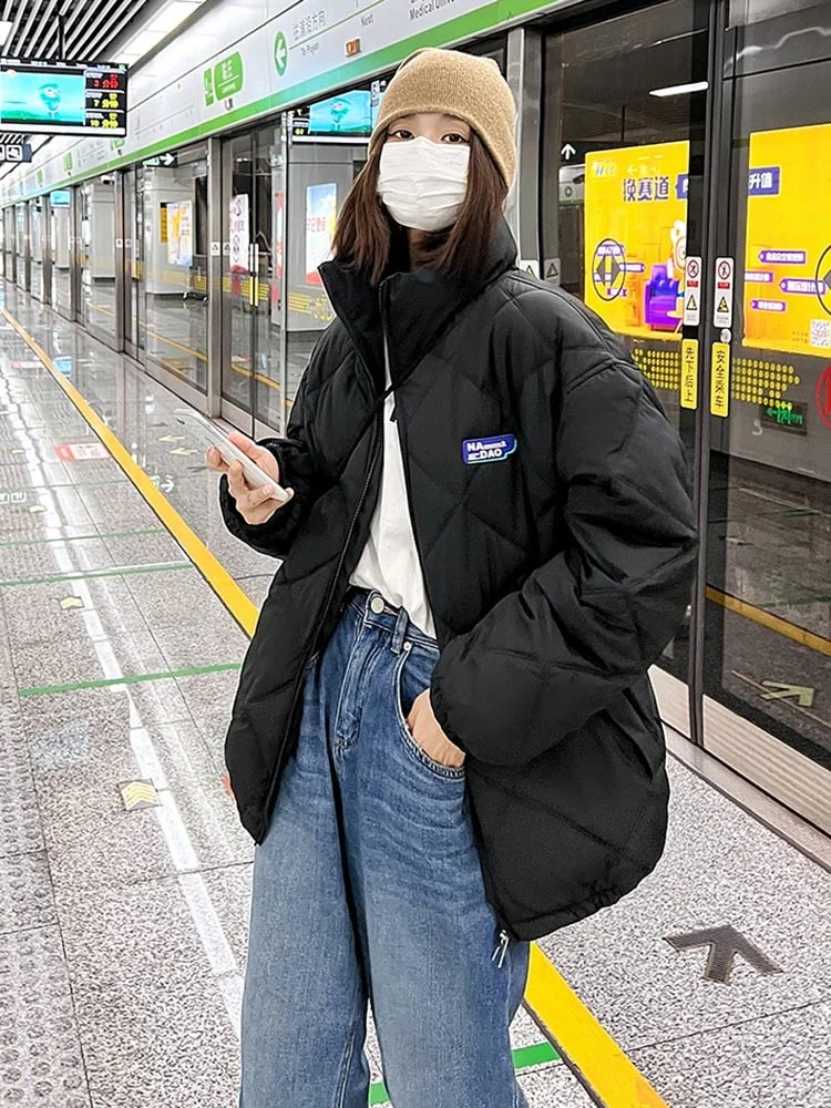 New Fashion Rhombus Pattern Winter Women Parkas Jacket Retro Stand Collar Loose Cotton Padded Winter Coat Clothes