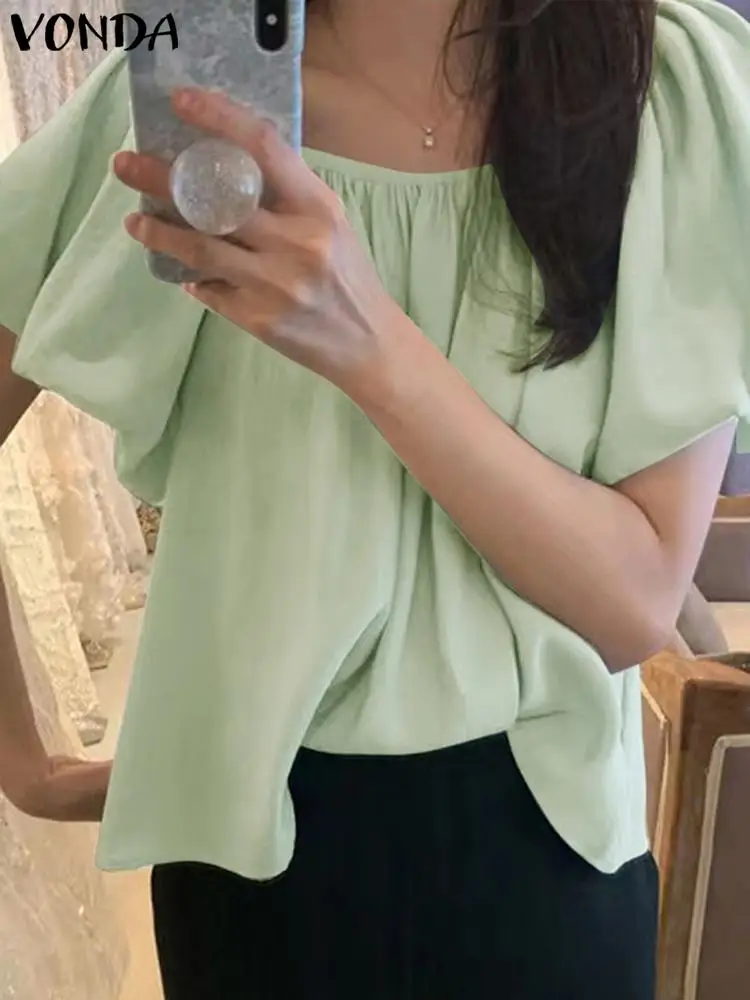 

Women Summer Blouse 2023 VONDA Fashion Pleated Shirts Sexy Square Collar Short Sleeve Tops Casual Solid Color Loose Blusas Femme