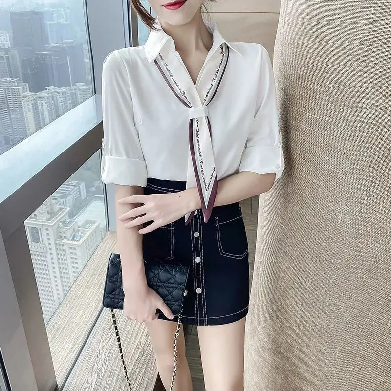 Satin White Shirt for Women 2022 Spring Autumn New Korean Style Loose Scarf Long Sleeve Shirt Mujer Blusas Femininas Elegantes