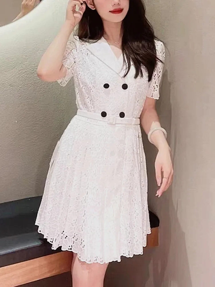 

Floral Embroidery Women White Robes Hollow out Two Pieces Set Notched Short Sleeve Female Double Breasted Mini Dresses