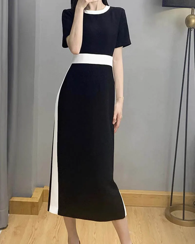 

2023 spring and summer women's clothing fashion new Contrast Color round Neck Dress 0428