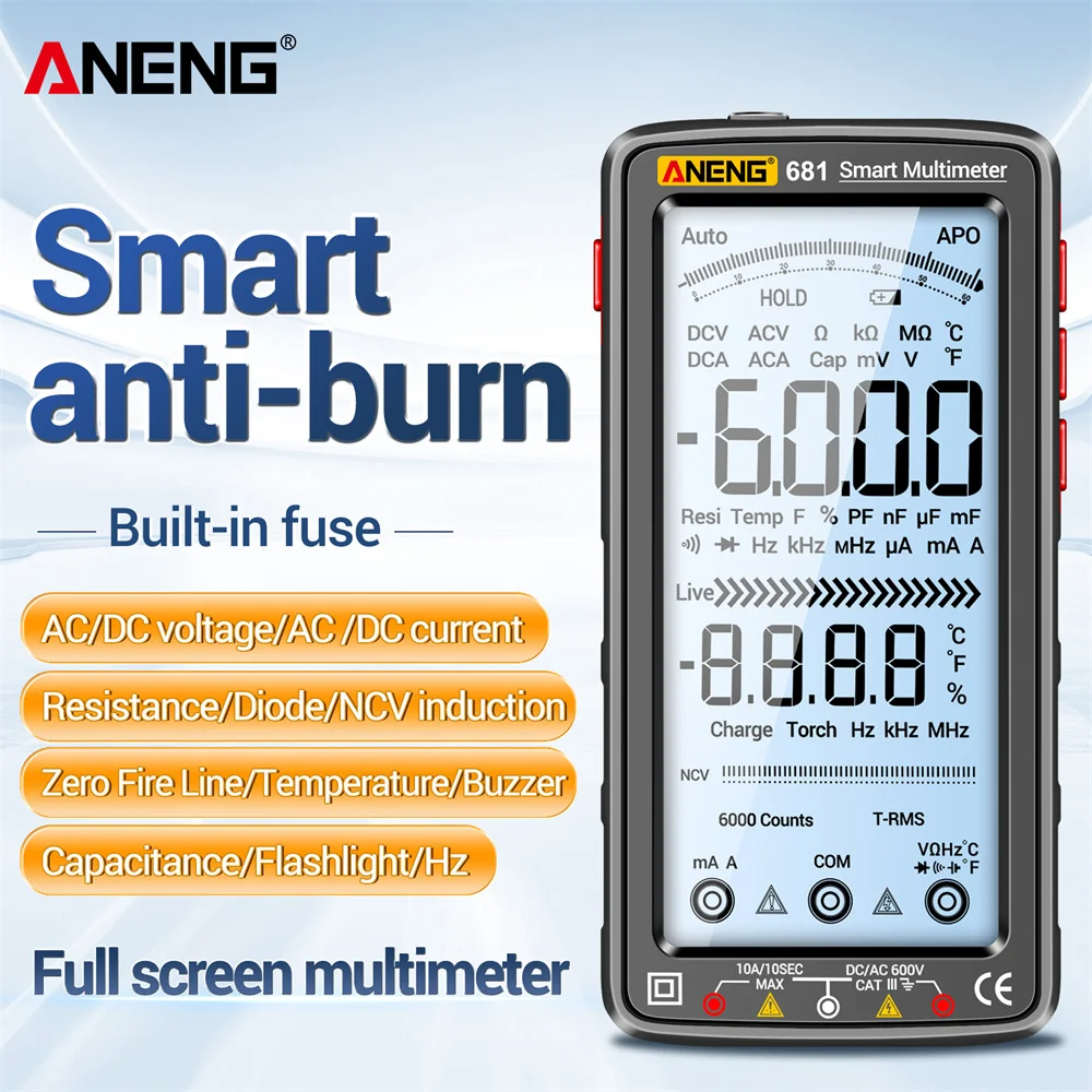 

ANENG 6000 Counts Smart Anti-burn Rechargeable Multimeter True RMS Multimetr Voltage Tester Hz Ohm Diode Meter with Flashlight