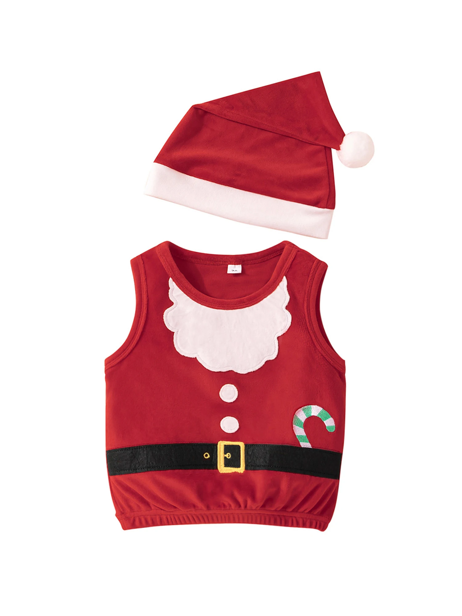 

Детский Рождественский костюм для малышей, футболки без рукавов с круглым вырезом, топы, жилеты и шапки Санты, одежда из 2 предметов, зеленая,...