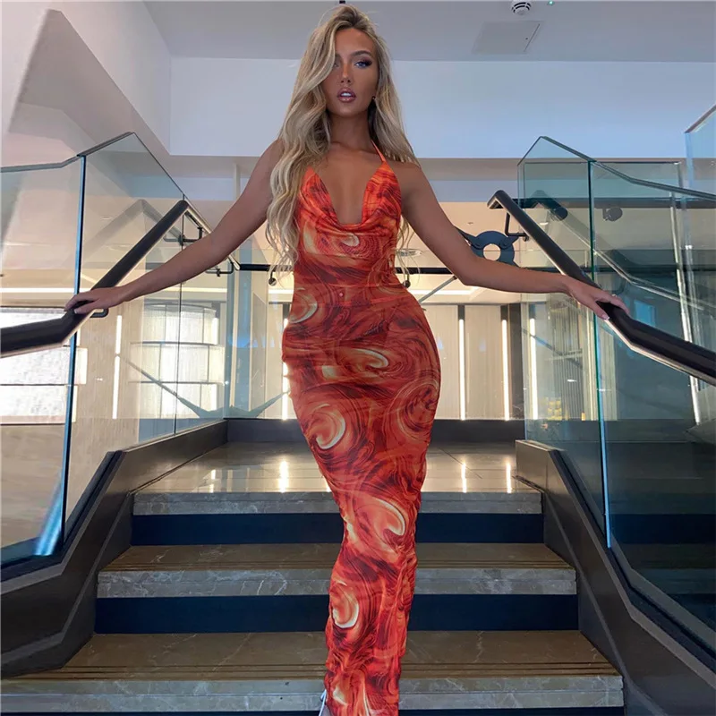 

Sexy Aesthetic Tie Dry Hot Halter Maxi Dress Women Vacation Clubwear See Through Mesh Hollow Out V-neck Straight Elegant Skirt
