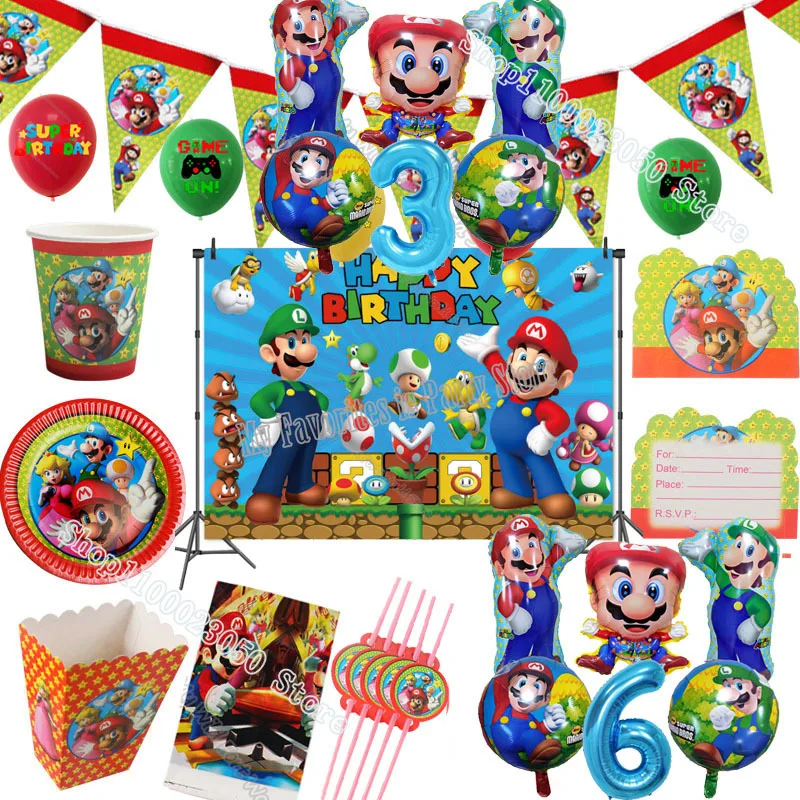 Партийные принадлежности Super Mario Bros: одноразовая посуда (тарелки, кружки), задник, баннер с надписью «С днем рождения», подарочная сумка, шары, украшение торта.