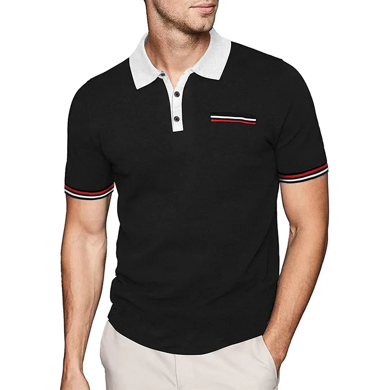 

Summer New Trendyol Men Black Polo Shirts Casual Solid Color Stripe Patch Stitch Oversized Tshirts Mens Polos Camiseta Masculina