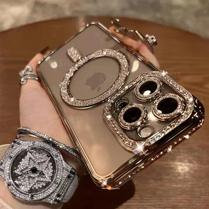 Роскошный магнитный чехол с беспроводной зарядкой и стразами для iPhone 16 15 14 13 12 11 Pro