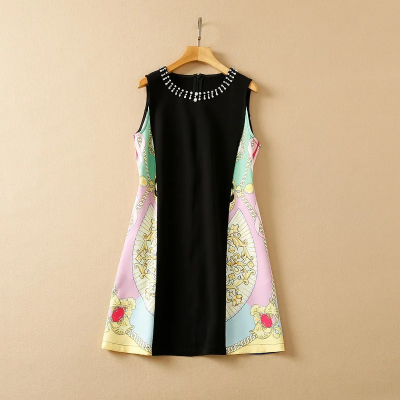 

Женская одежда в европейском и американском стиле, весна 2022, новое приталенное модное платье без рукавов с круглым воротником и отстрочкой и Королевским принтом