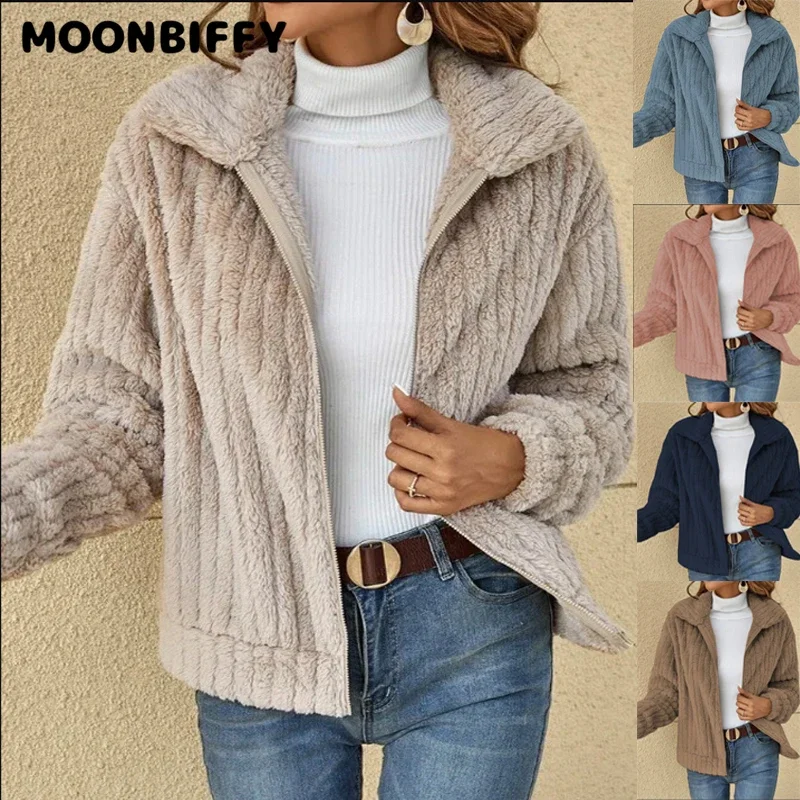 

Женский флисовый кардиган с отложным воротником, яркий теплый однотонный кардиган с длинными рукавами и карманами, Осень-зима 2024