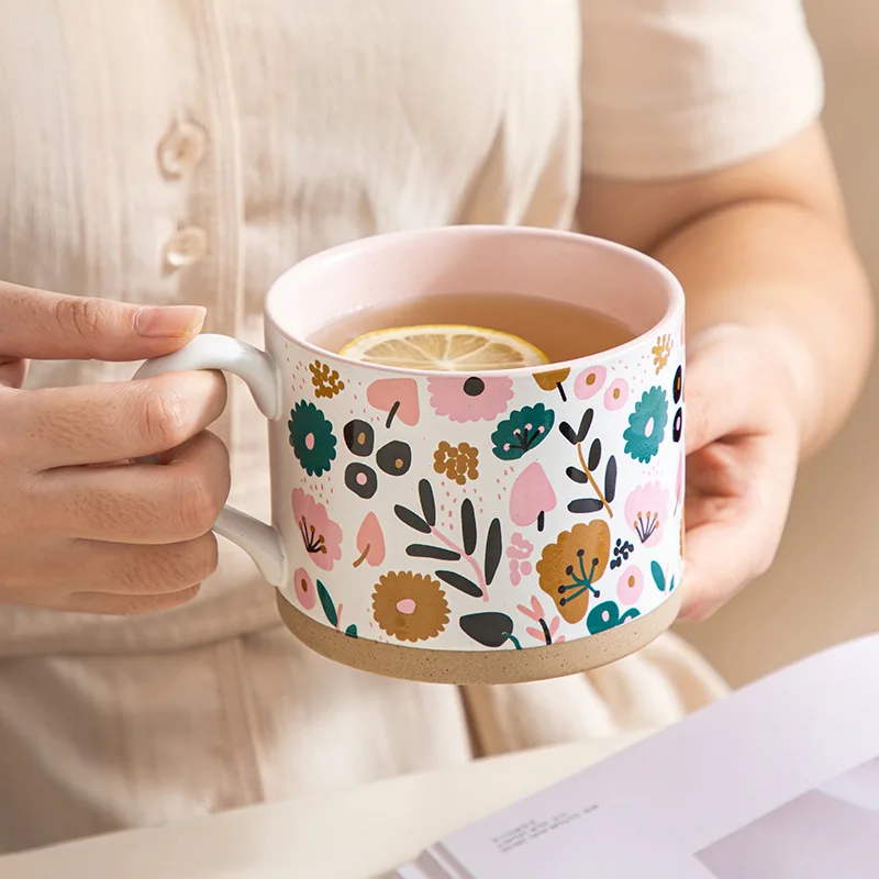 

Керамическая чашка в стиле ретро с цветами, большая емкость, Кубок с ручкой, чашка для завтрака, овса, молока, кофе, индивидуальная Бытовая чашка для воды, подарок