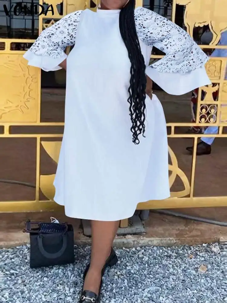 

VONDA Women Casual A-Line Stand Collar Party Vestidos Summer Vintage Maxi Robe Solid Sundress Femme Lace Patchowork Long Dresses