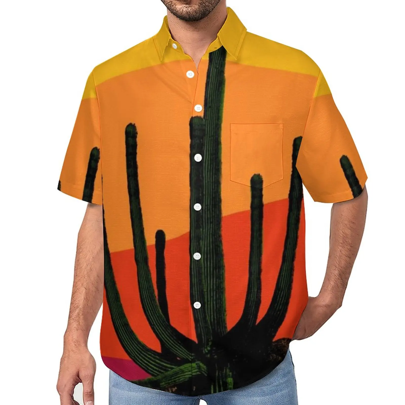 

Cartoon Desert Beach Shirt Retro Cactus Sunset Hawaiian Casual Shirts Male Retro Blouses Short Sleeve Graphic Clothing Plus Size