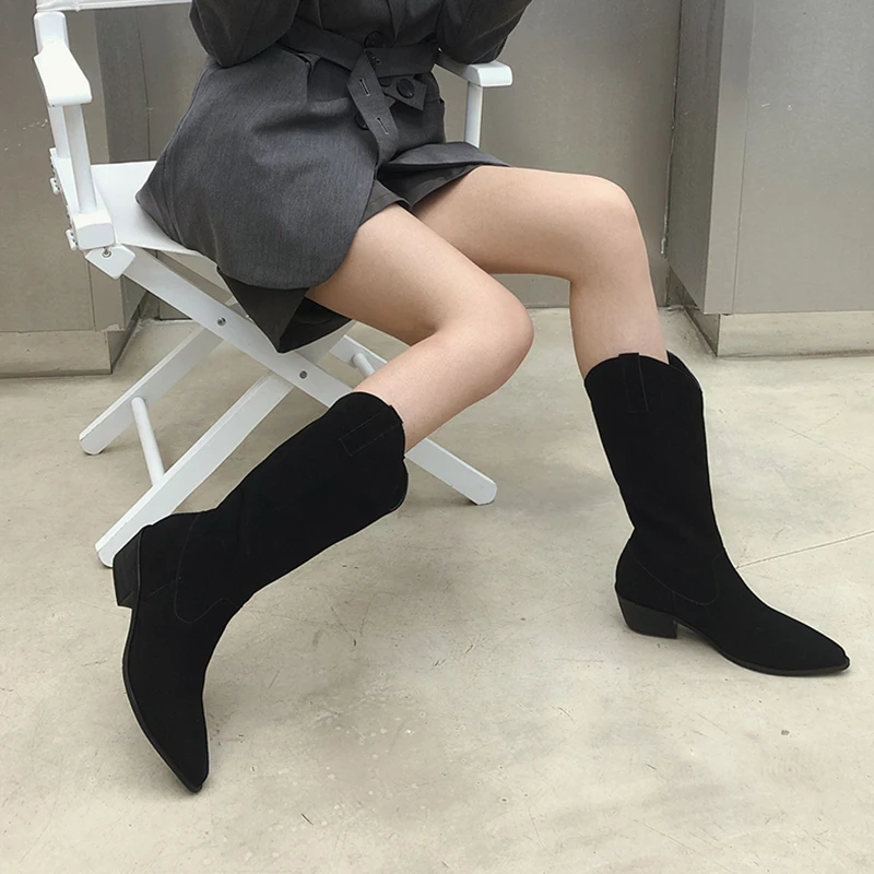 

Mid Calf Boots 2022 Autumn And Winter Handsome Locomotive Wide Tube One Pedal Western Boots