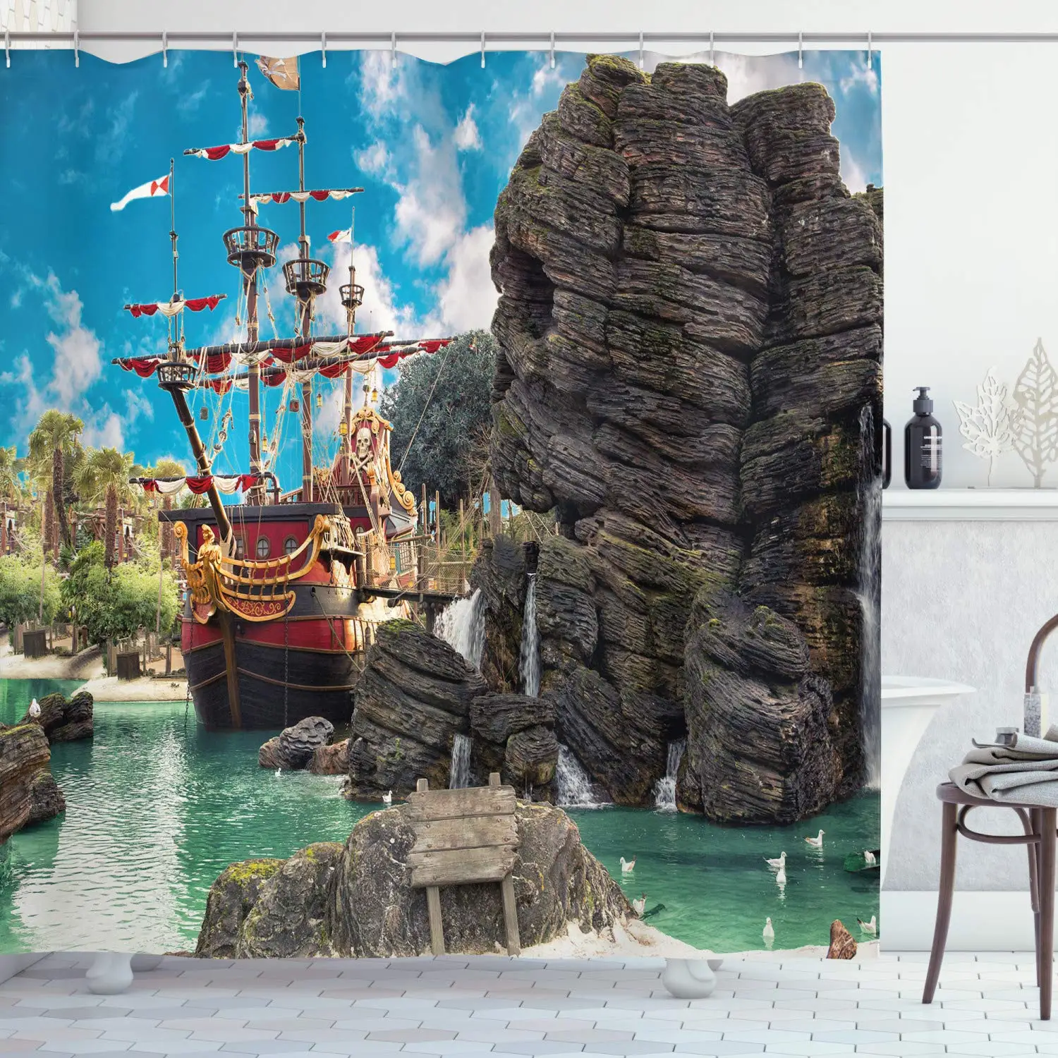 

Пиратская душевая занавеска, большой корабль на тропическом, Карибском, морском, пиратском острове, формирование крупных скал, тканевый ком...