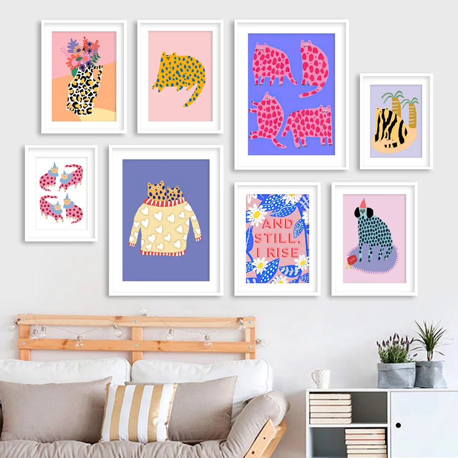 

Cute Leopard Spotted Dog Cat Vase Flower Canvas PaintingWall Art Nordic Posters And Prints Wall Pictures For Living Room Decor