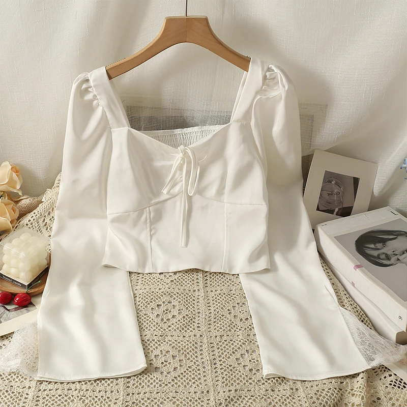 

Блузка женская с квадратным вырезом, Модный облегающий Топ во французском стиле, с коротким длинным рукавом, весна-лето 2023