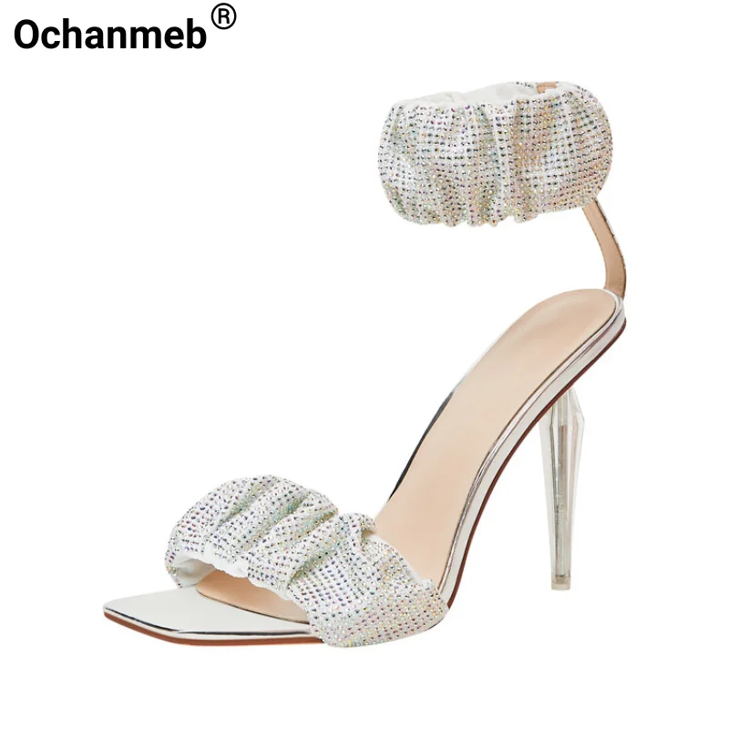 

Ochanmeb Sexy Clear Stiletto Women Crystal Rhinestone Pleated Sandals Ankle Wrap Silver Champagne Blue Thin High Heels Sandal 43