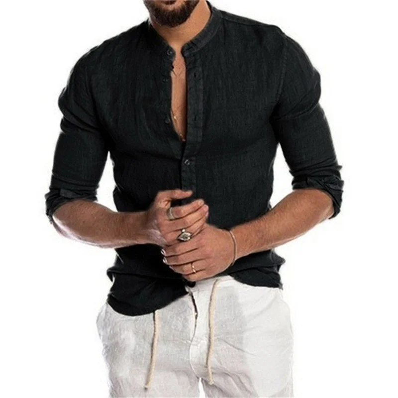 New Linen Long Sleeve Shirt For Men Brief Breathable Comfy Solid Color Tops Loose T-Shirt Harajuku Casual Blouse Hawaiian Shirts