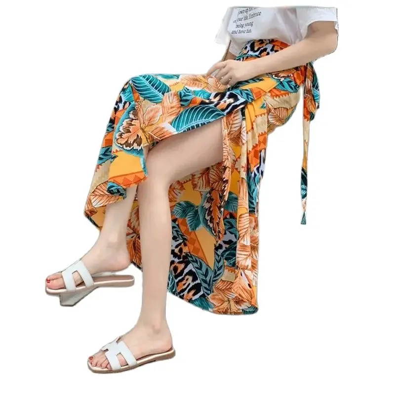 

2023 летняя элегантная пляжная юбка в стиле бохо с ремешком и защитой от солнца для женщин, повседневная бандажная юбка с принтом в стиле ретро, модель A559