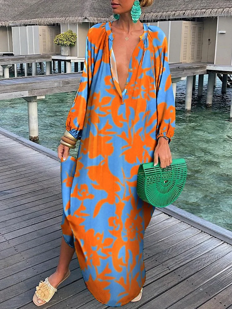 Elegant Women V Neck Bohemian Dress Long Sleeve Spring Autumn Maxi Dress Female Print Patchwork Loose Long Dress Vestidos