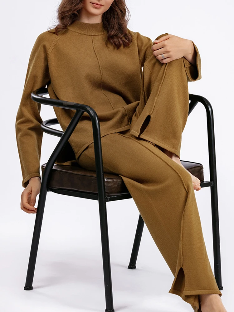 

2023 Autumn Winter Womens Knitted Pullover Tops and Elastic Waist Wide-leg Pants Casual Two Piece Sets Tracksuits Female Outfits