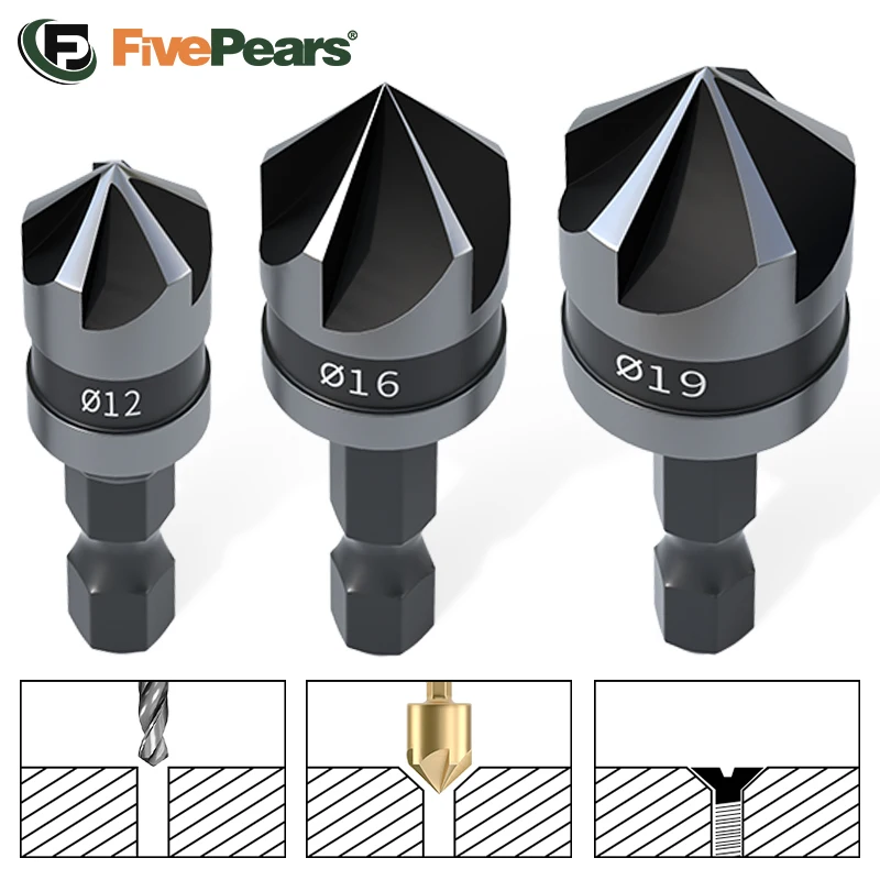 FivePears Countersink Drill Bit 3Pcs,Chamfer 90°,Suitable for Wood/Plastic/Aluminum Alloy,Woodworking Tools Countersink