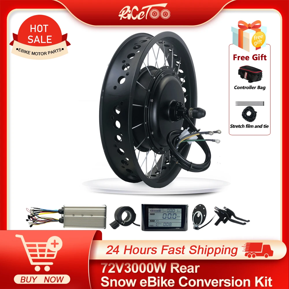 

72V3000W Snow Electric Bicycle Conversion Kit Fat Tire 20”26”4.0 Brushless Gearless Hub Motor Wheel Rear